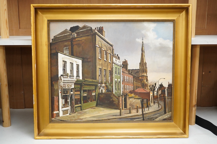 Modern British, oil on board, North London street scene, indistinctly signed and dated, partially obscured by the frame, 49 x 59cm. Condition - good